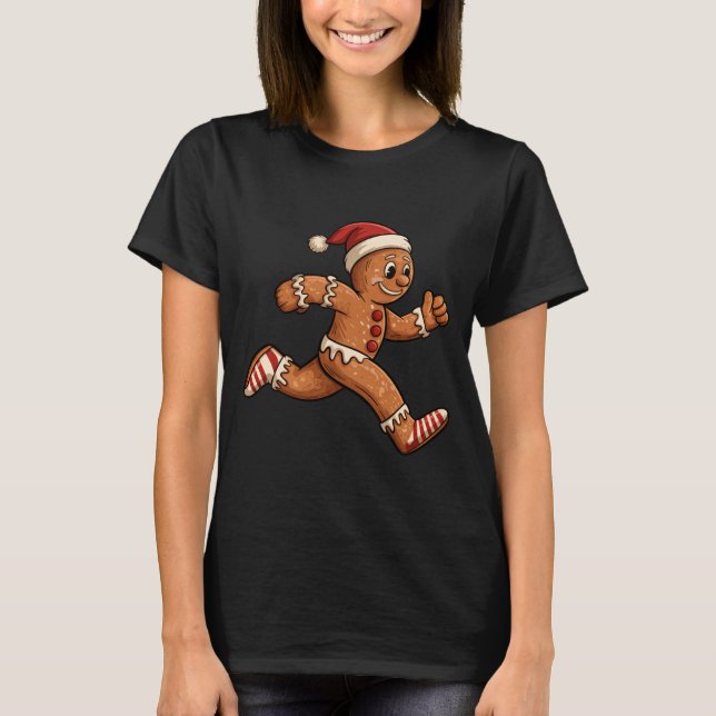 Christmas Gingerbread Running Funny Runners Pajama T-Shirt (Front)