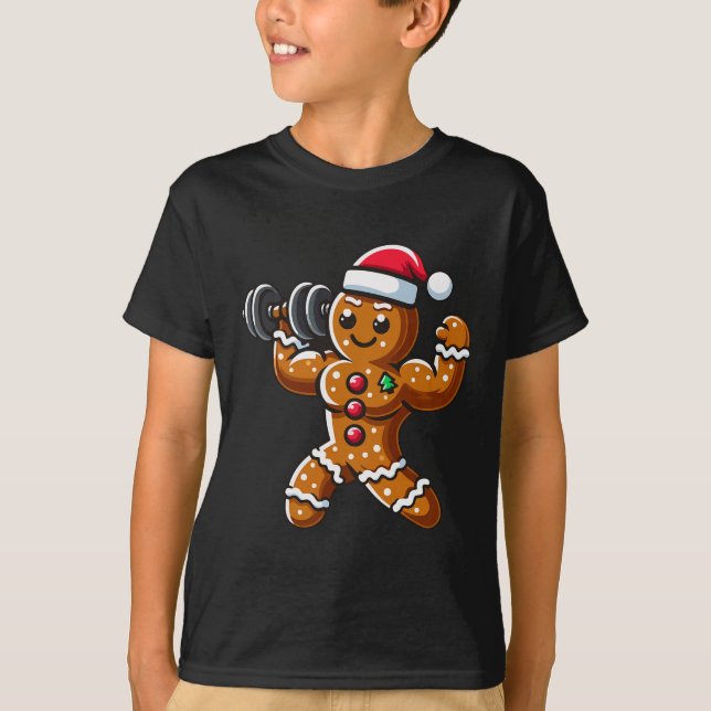 Christmas Gingerbread Weightlifting Man Workout Bo T-Shirt (Front)