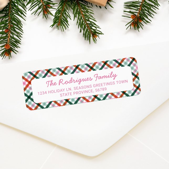 Christmas Gingham Pink Red Green Return Address  Label (Christmas gingham pattern, pink red and green address label)