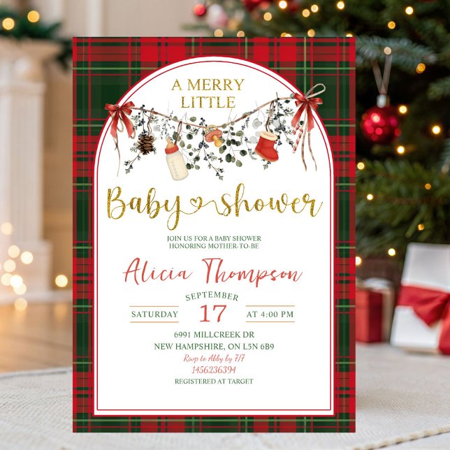 Christmas Gingham Rustic Merry Little Baby Shower Invitation (Creator Uploaded)