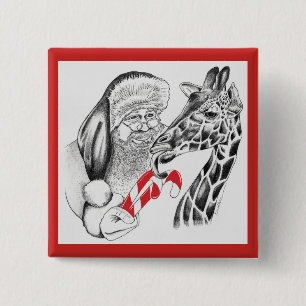 Christmas Giraffe and Santa Claus 15 Cm Square Badge
