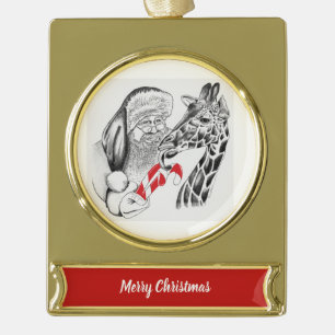 Christmas Giraffe and Santa Claus Gold Plated Banner Ornament