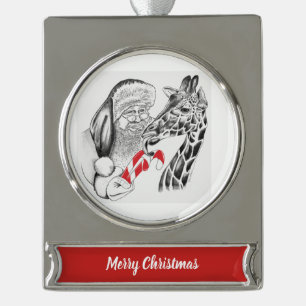 Christmas Giraffe and Santa Claus Silver Plated Banner Ornament