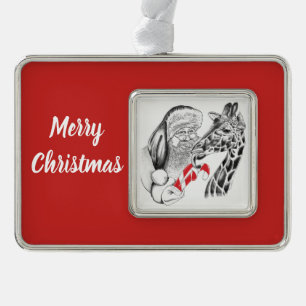 Christmas Giraffe and Santa Claus Silver Plated Framed Ornament