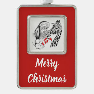 Christmas Giraffe and Santa Claus Silver Plated Framed Ornament