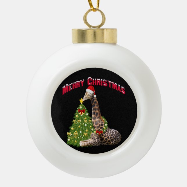 Christmas Giraffe Ceramic Ball Christmas Ornament (Front)