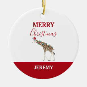 Christmas Giraffe Funny Animal with Santa Hat Card Ceramic Ornament