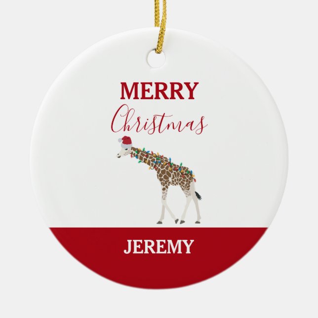 Christmas Giraffe Funny Animal with Santa Hat Card Ceramic Ornament (Front)