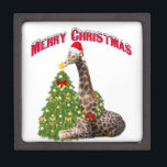 Christmas Giraffe Keepsake Box<br><div class="desc">Adorable Christmas Giraffe with his Santa Hat and decorated Christmas tree - he is placing the star on top of the tree</div>
