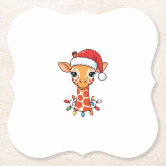 Christmas Giraffe Santa Hat and Colourful Lights Paper Coaster