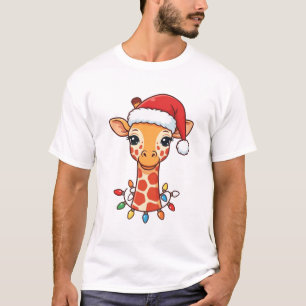 Christmas Giraffe Santa Hat and Colourful Lights T-Shirt