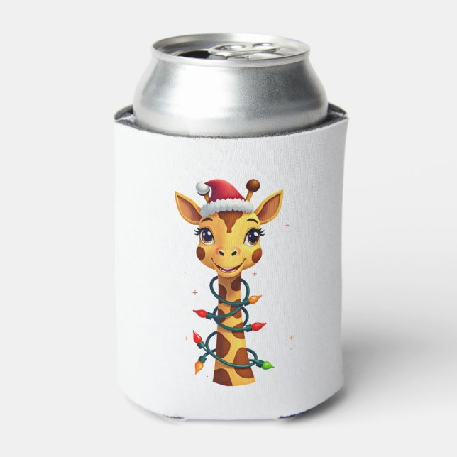 Christmas Giraffe Santa Hat Lights Giraffe Men Wom Can Cooler (Can Front)