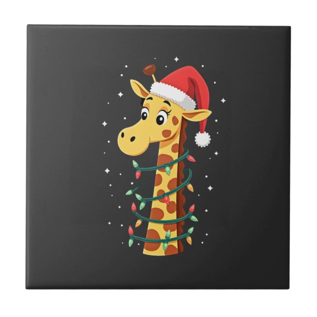 Christmas Giraffe Santa Hat Lights Giraffe Men Wom Ceramic Tile (Front)