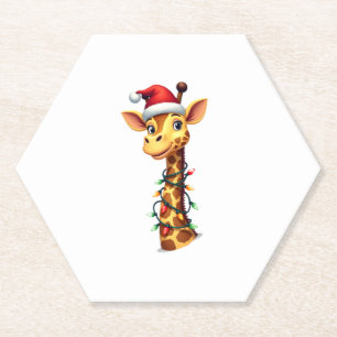 Christmas Giraffe Santa Hat Lights Giraffe Men Wom Paper Coaster