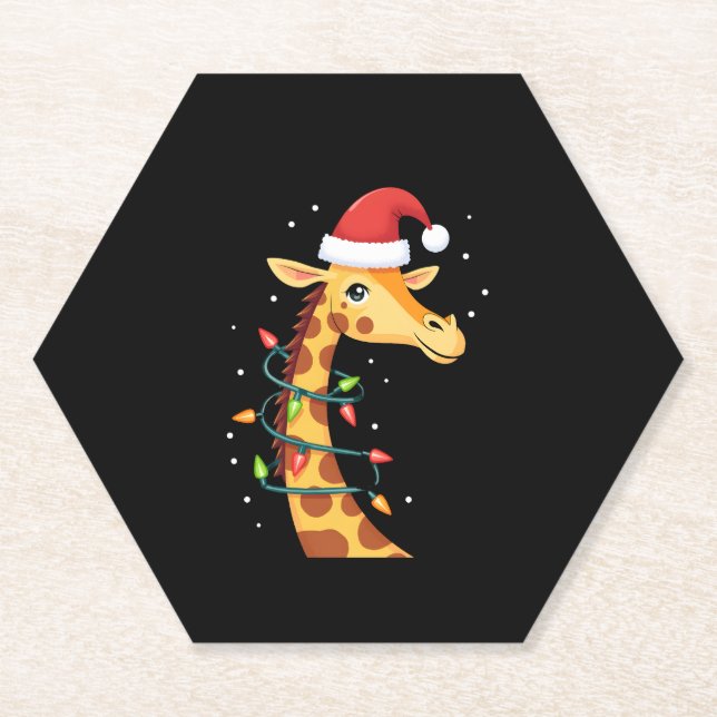 Christmas Giraffe Santa Hat Lights Giraffe Men Wom Paper Coaster (Front)