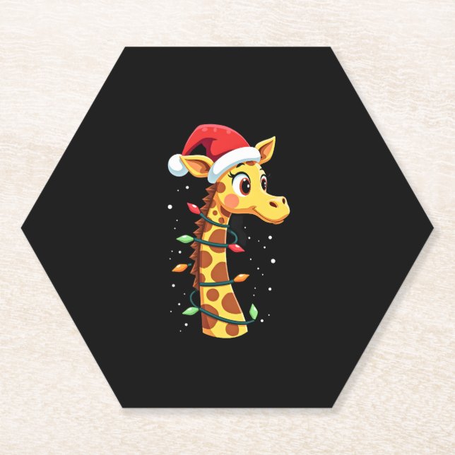 Christmas Giraffe Santa Hat Lights Giraffe Men Wom Paper Coaster (Front)