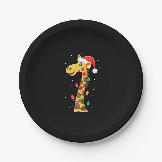 Christmas Giraffe Santa Hat Lights Giraffe Men Wom Paper Plate (Front)