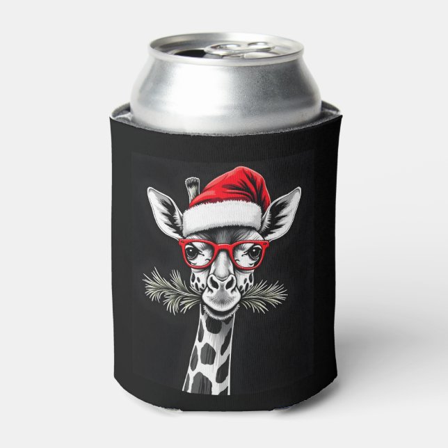 Christmas Giraffe Santa Hat Pajama Gift Family Mat Can Cooler (Can Front)