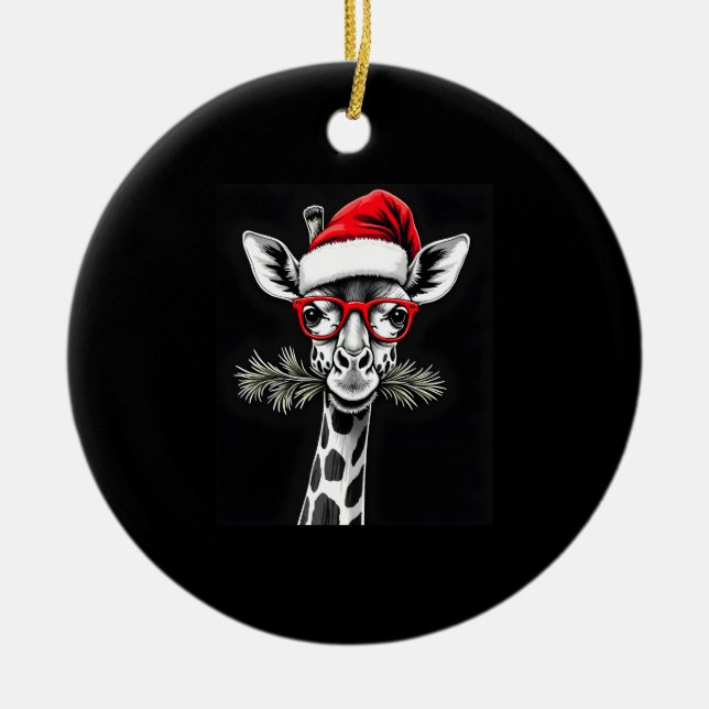 Christmas Giraffe Santa Hat Pajama Gift Family Mat Ceramic Ornament (Front)