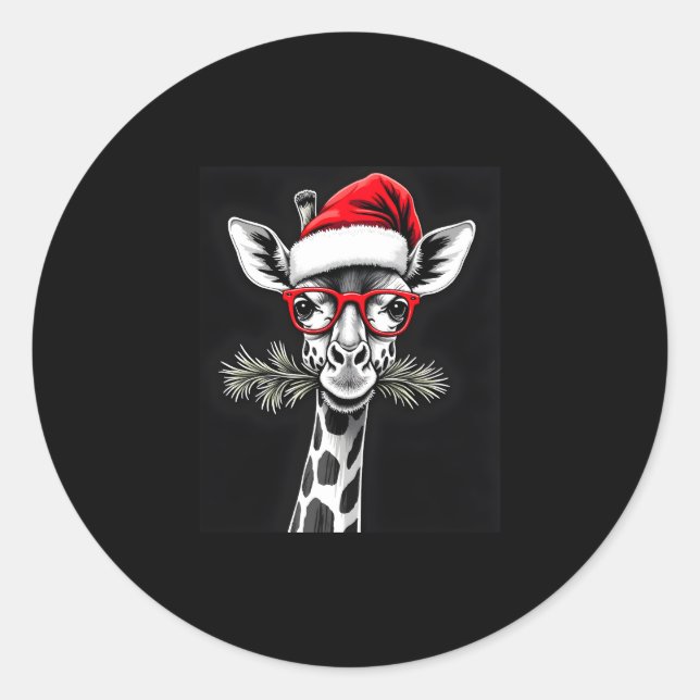 Christmas Giraffe Santa Hat Pajama Gift Family Mat Classic Round Sticker (Front)