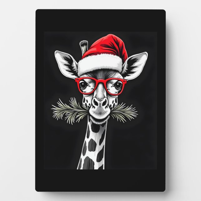 Christmas Giraffe Santa Hat Pajama Gift Family Mat Plaque (Front)