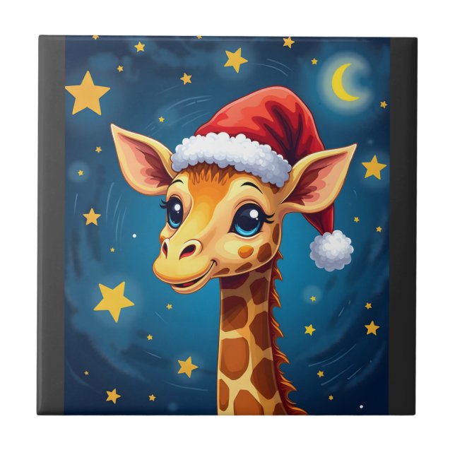 Christmas Giraffe Santa Hat Starry Night Holiday L Ceramic Tile (Front)