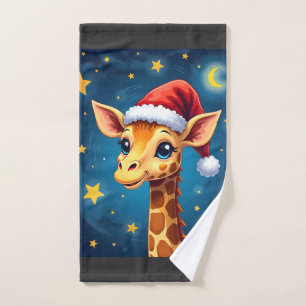 Christmas Giraffe Santa Hat Starry Night Holiday L Hand Towel