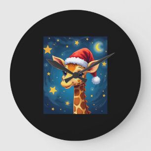 Christmas Giraffe Santa Hat Starry Night Holiday L Large Clock