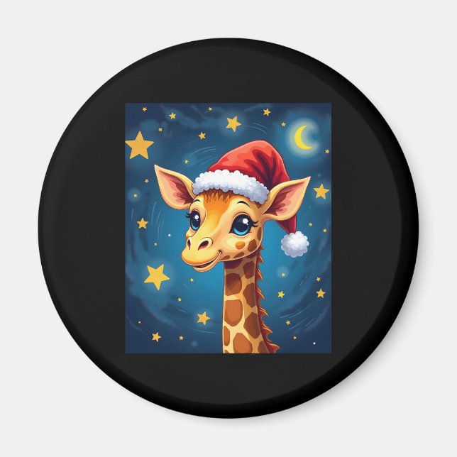 Christmas Giraffe Santa Hat Starry Night Holiday L Magnet (Front)
