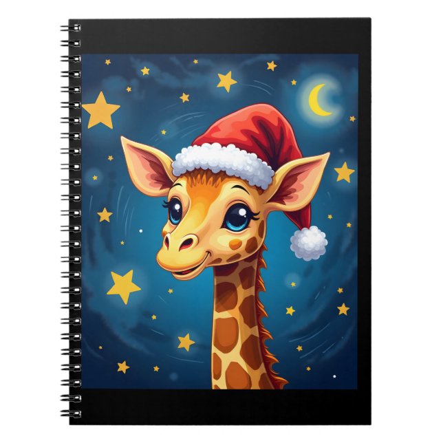 Christmas Giraffe Santa Hat Starry Night Holiday L Notebook (Front)