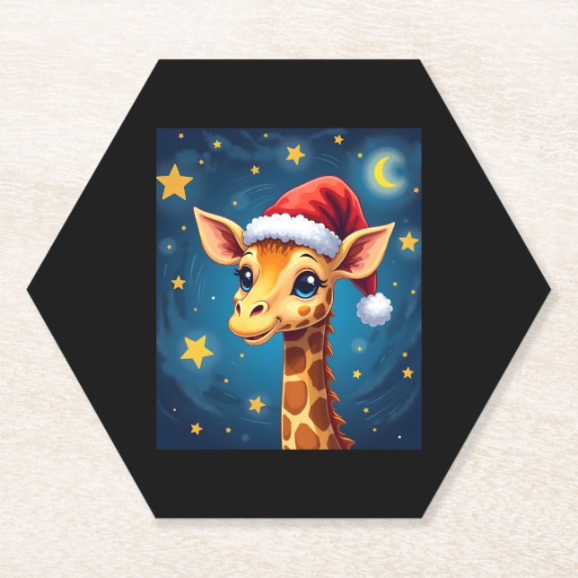 Christmas Giraffe Santa Hat Starry Night Holiday L Paper Coaster (Front)