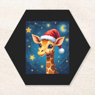 Christmas Giraffe Santa Hat Starry Night Holiday L Paper Coaster