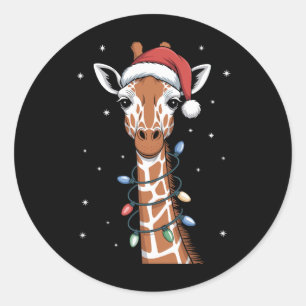 Christmas Giraffe Santa Hat Xmas Lights Snowflak Classic Round Sticker