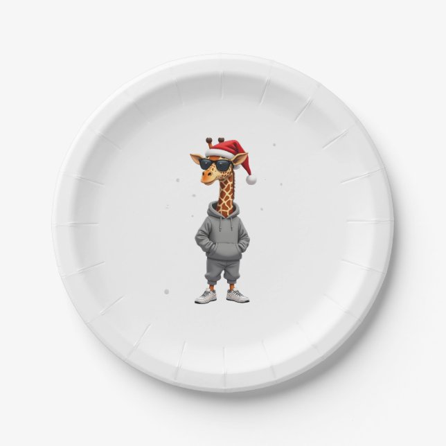 Christmas Giraffe Santa Long Sleeve T-Shirt (1) Paper Plate (Front)