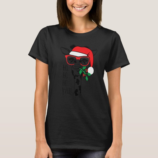 Christmas Giraffe With Glasses Santa Hat Xmas T-Shirt (Front)