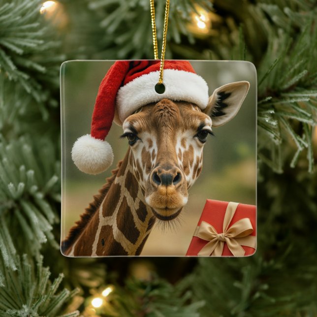Christmas Giraffe With Holiday Gift Ceramic Ornament (Tree)