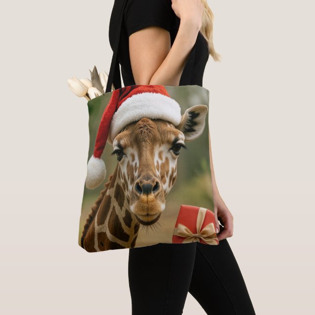 Christmas Giraffe With Holiday Gift Tote Bag (Close Up)