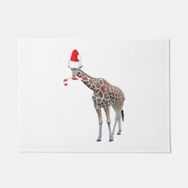 Christmas Giraffe with Santa Hat Doormat (Front)