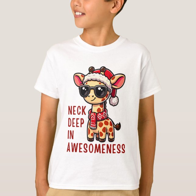 Christmas Giraffe with Sunglasses, Festive Santa T-Shirt (Front)