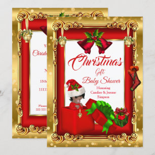 Christmas Girl Boy Baby Shower Red Gold Gift Box A Invitation