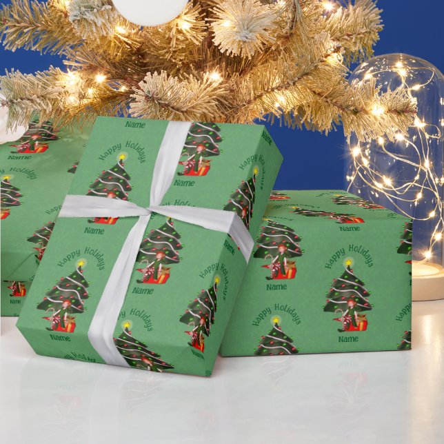 Christmas Girl Elf Tree Present Cute Personalised Wrapping Paper (Holidays)