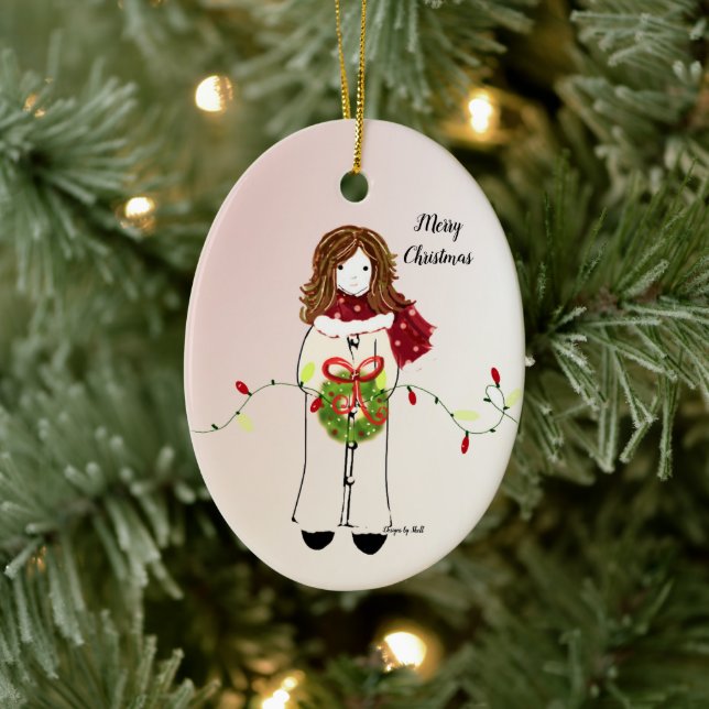 Christmas Girl Holding Wreath and Lights Ceramic Ornament (Tree)