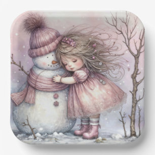 Christmas Girl Hugging a Snowman Paper Plate