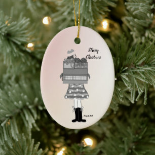 Christmas Girl in Black and White Ceramic Ornament