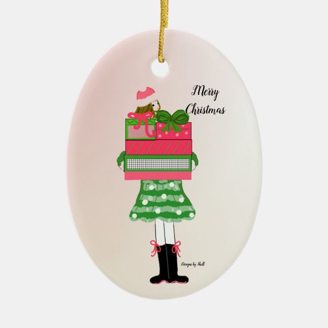 Christmas Girl Laden With Packages Ceramic Ornament (Front)