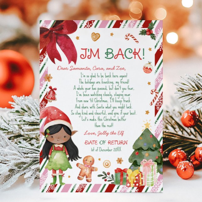 Christmas Girl Letter from Elf Letter Card (Christmas Dark Black Hair Dark Brown Girl Letter from Elf Letter Card)