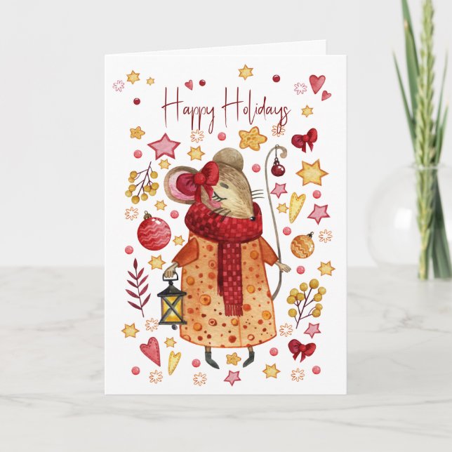 Christmas Girl Mouse with Lantern  Card (Front)