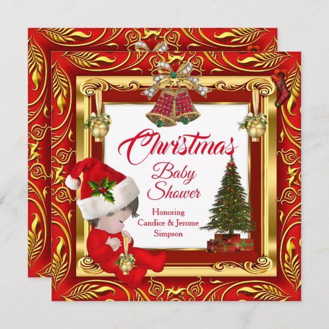 Christmas Girl or Boy Baby Shower Red Gold  Invitation (Front/Back)