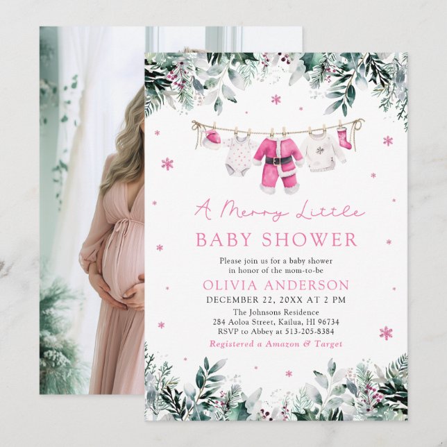 Christmas Girl Pink A Merry Little Baby Shower Invitation (Front/Back)