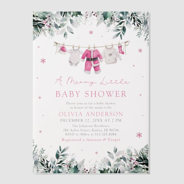 Christmas Girl Pink A Merry Little Baby Shower Vellum Invitations (Front)